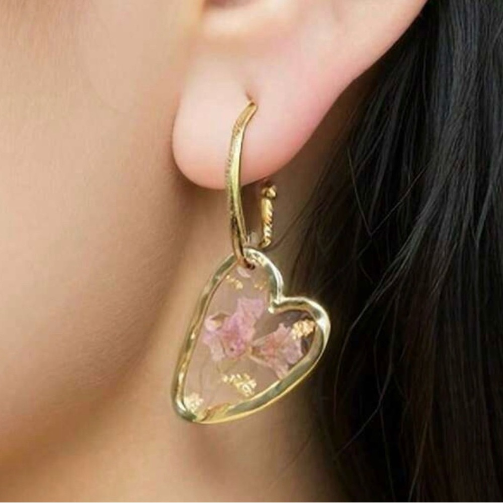 Gold Heart-Shaped Earrings with Pink Floral Accents